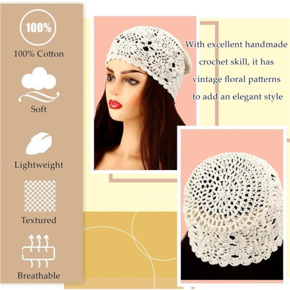 2 Pieces Floral Crochet Slouchy Beanie Hat Handmade Knit Cutout Women Floral - Picture 3 of 8